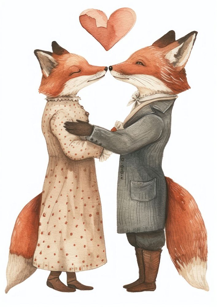 Two foxes hugging watercolor animal mammal art.
