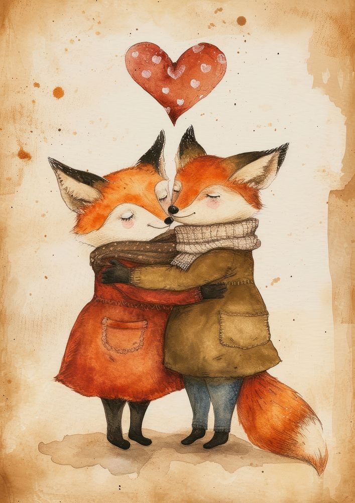 Two foxes hugging watercolor mammal art representation.