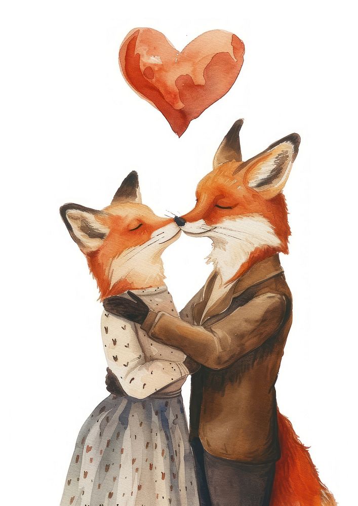 Two foxes hugging watercolor mammal animal art.