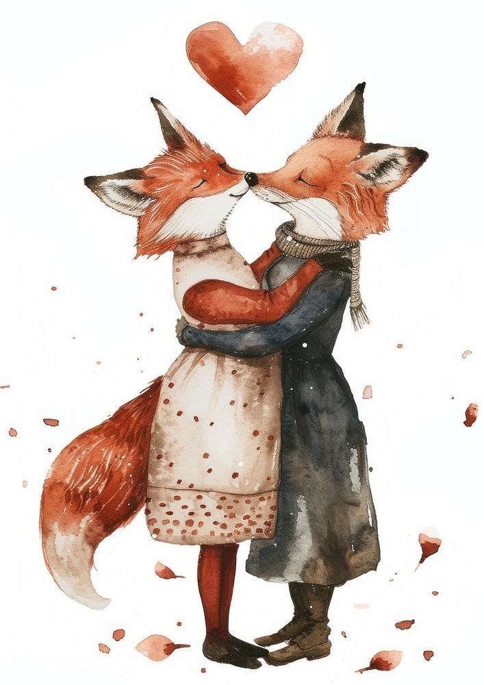 Two foxes hugging watercolor animal mammal art.