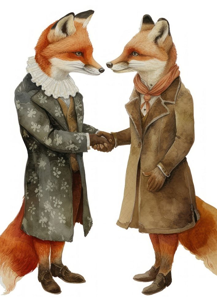 Two foxes shaking hands watercolor animal mammal adult.