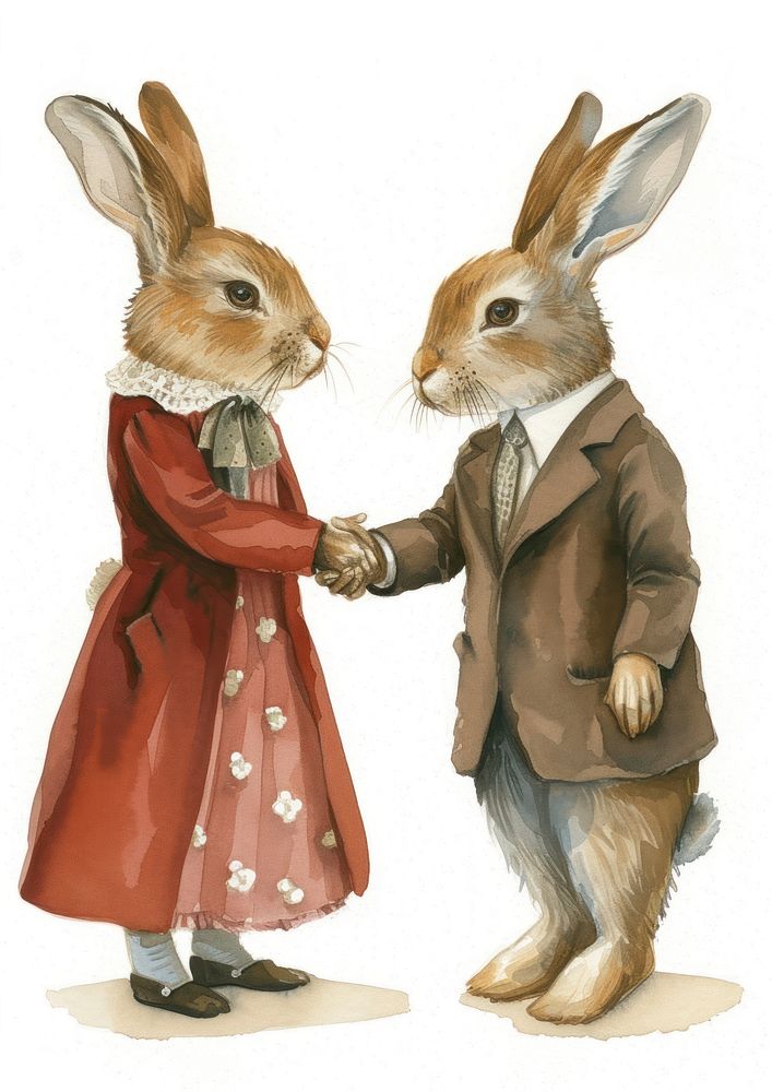 Two rabbits shaking hands watercolor rodent animal mammal.