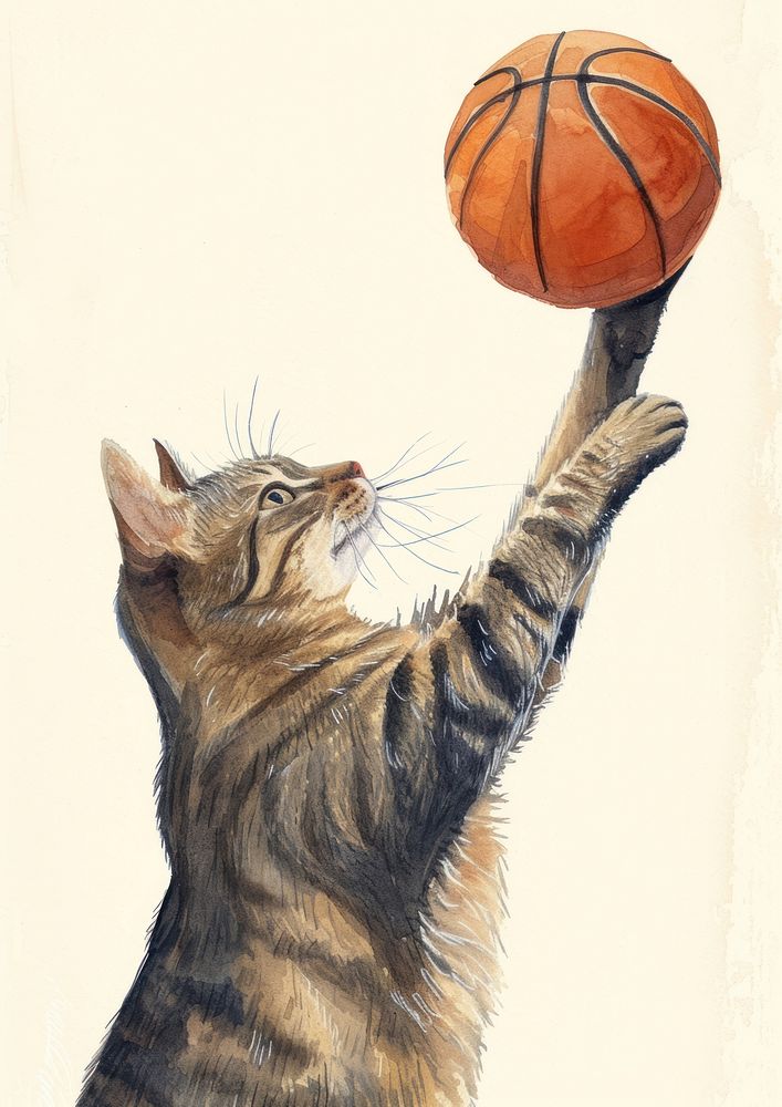 Cat catching basketball watercolor mammal animal sports.