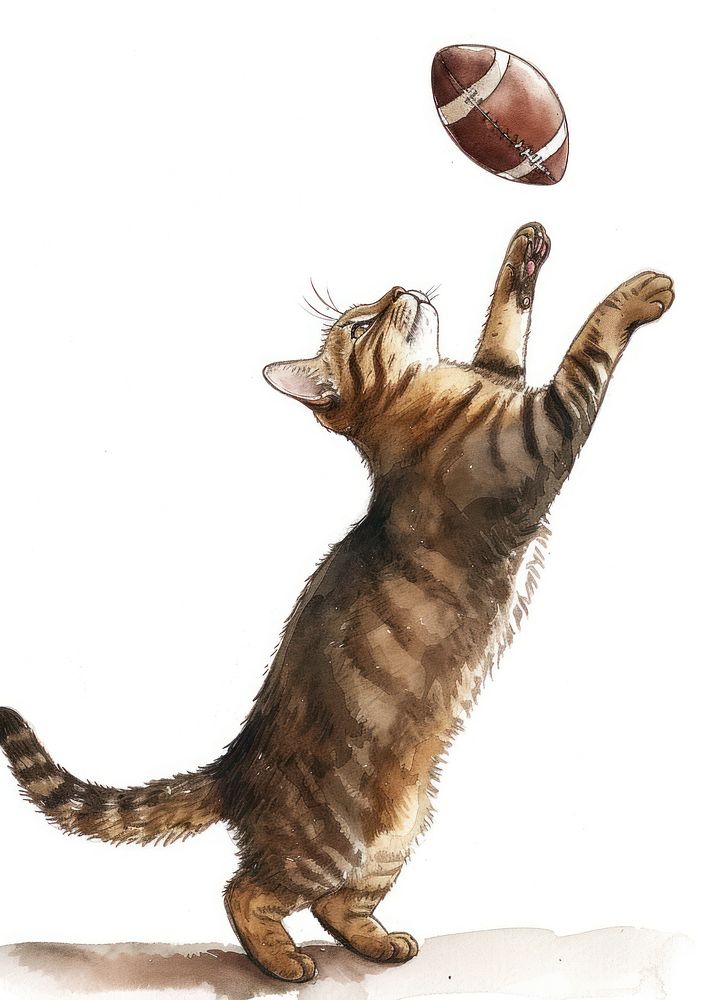 Cat catching football watercolor mammal animal sports.