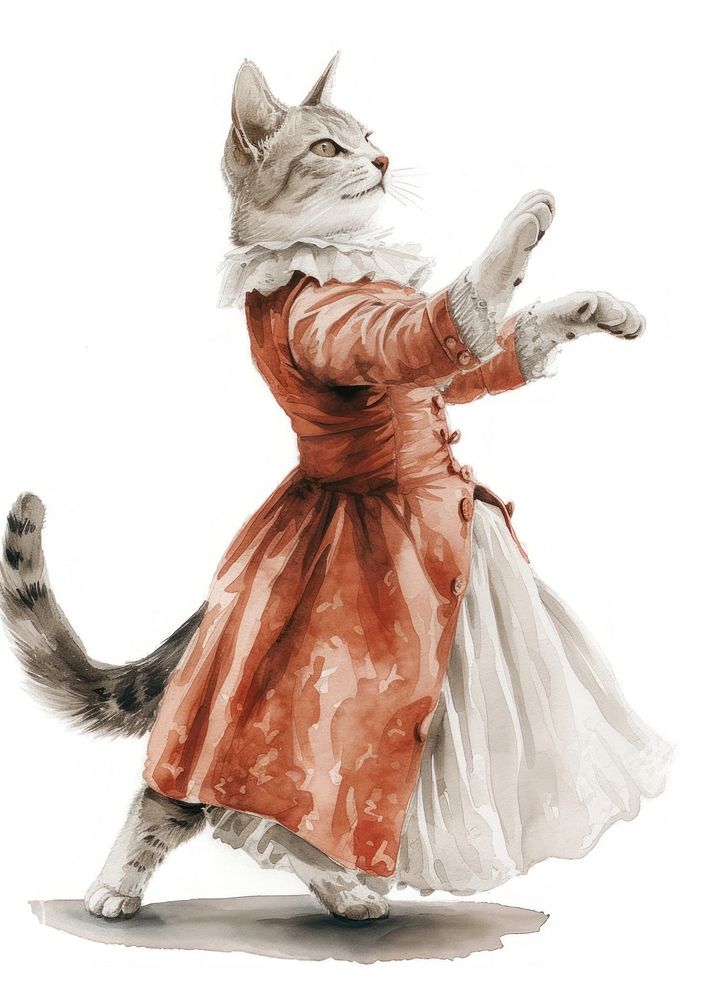 Cat dancing watercolor figurine animal mammal.
