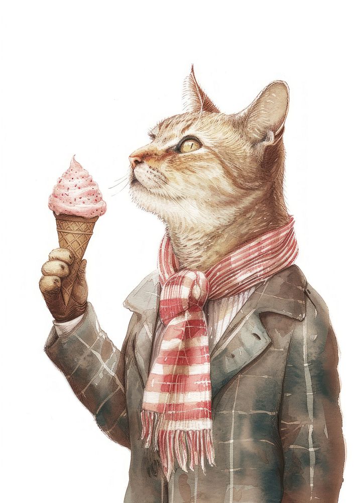 Cat eating ice cream watercolor carnivora standing portrait.