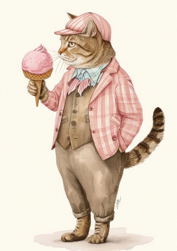 Cat eating ice cream watercolor dessert mammal animal.