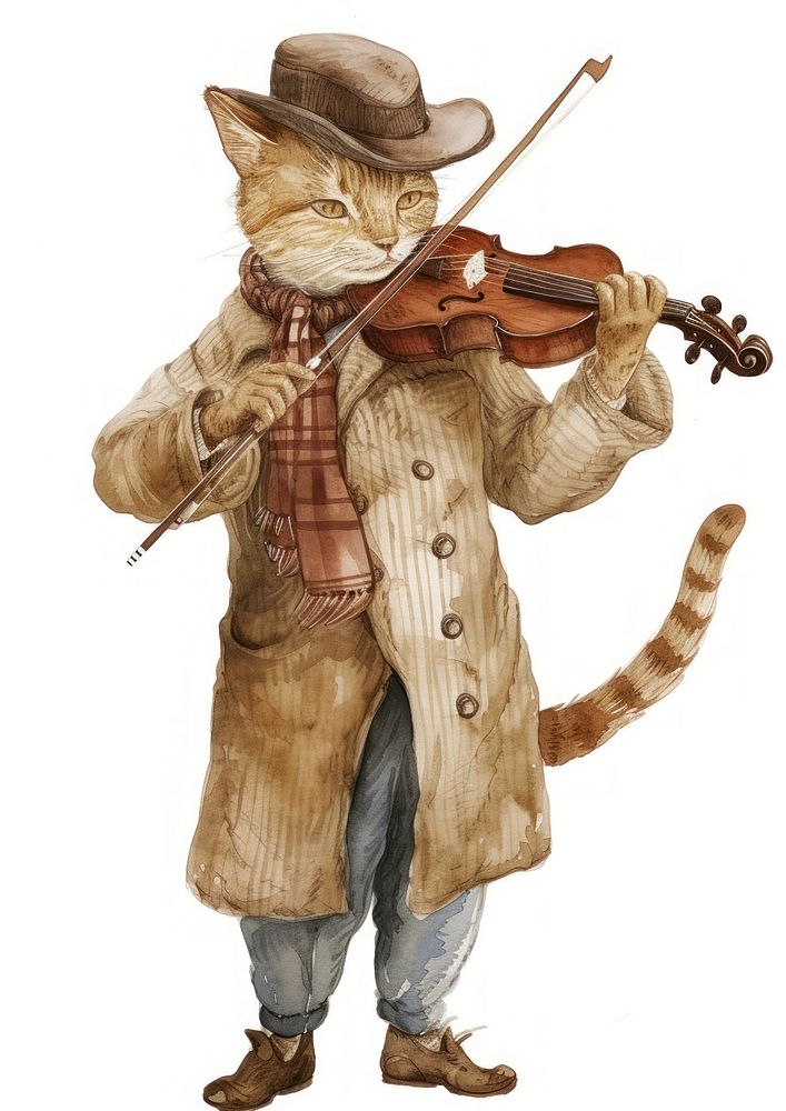 Cat playing violin watercolor adult performance creativity.