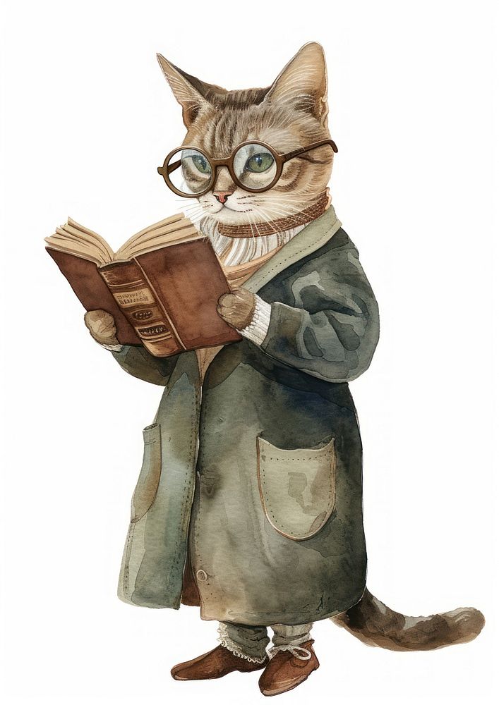 Cat reading book watercolor clothing animal mammal.