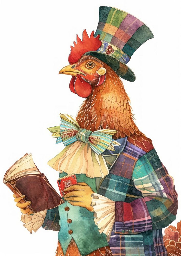 Chicken in a top hat watercolor poultry animal bird.
