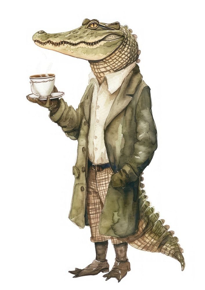 Crocodile sipping tea watercolor reptile animal adult.