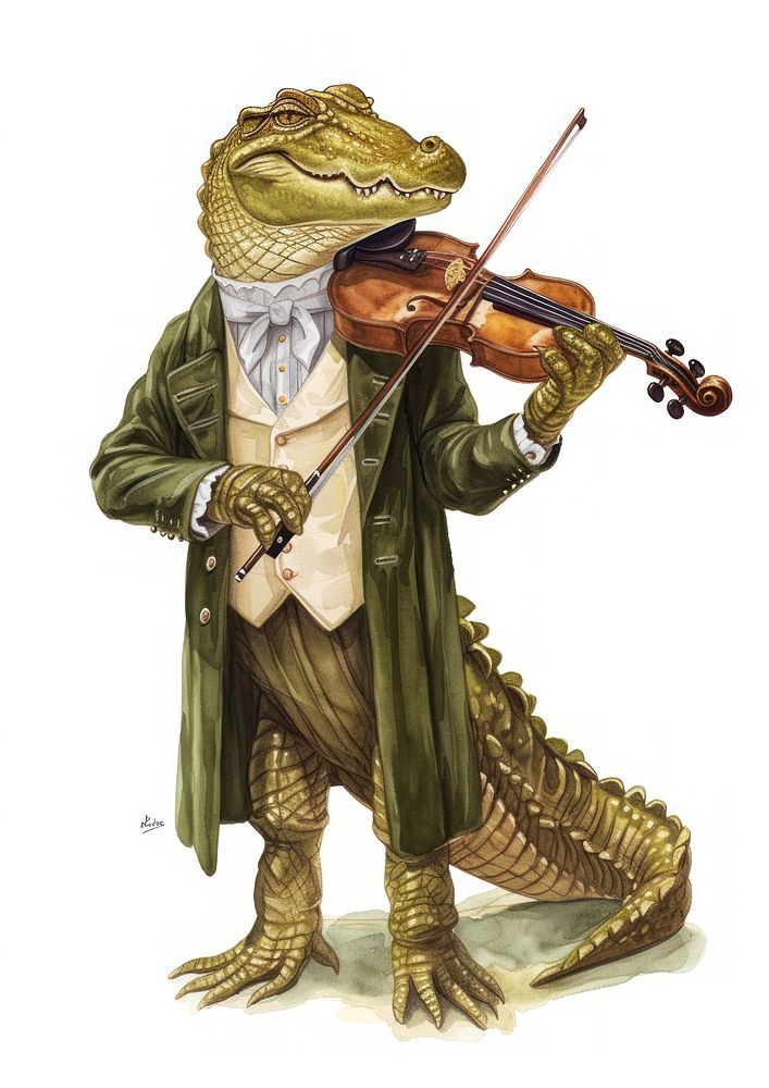 Crocodile playing violin watercolor representation performance violinist.