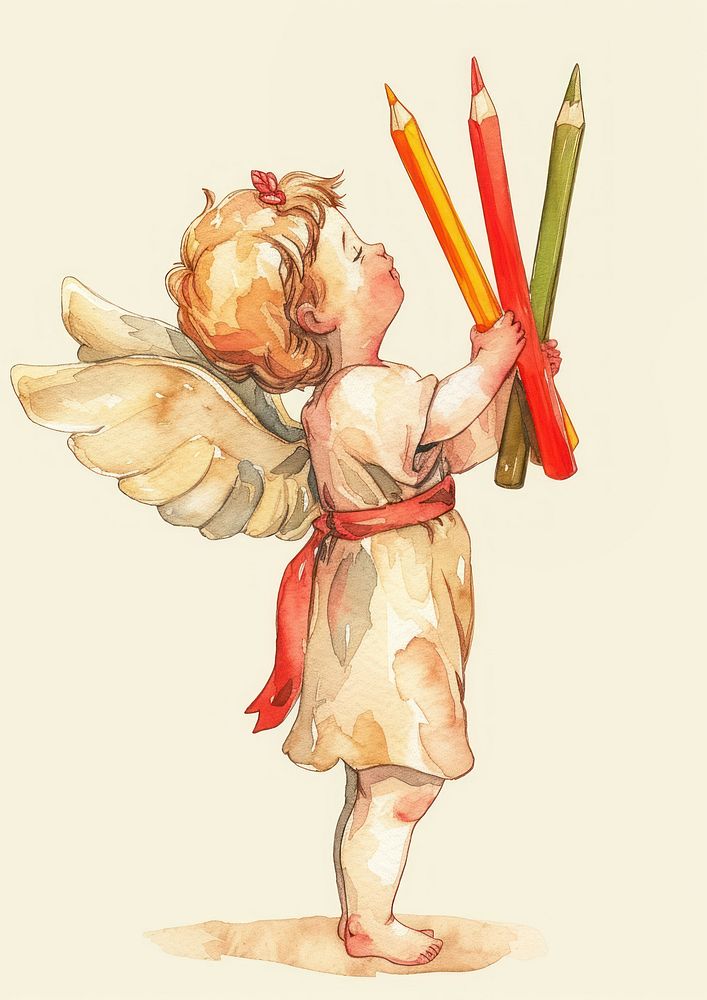 Cupid watercolor holding pencil art.