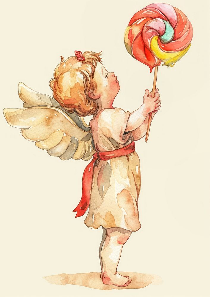 Cupid watercolor lollipop holding candy.
