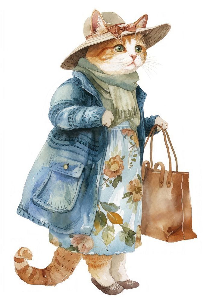 Cute lady cat watercolor bag footwear fashion.