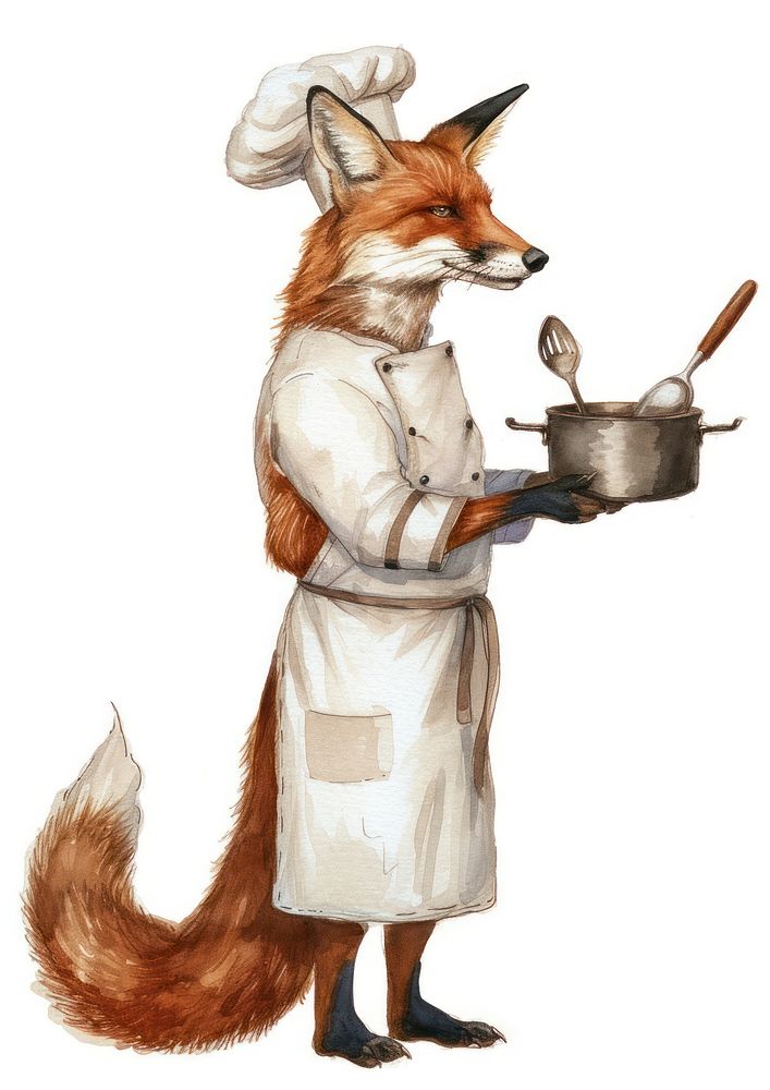 Fox cooking watercolor mammal side view standing.