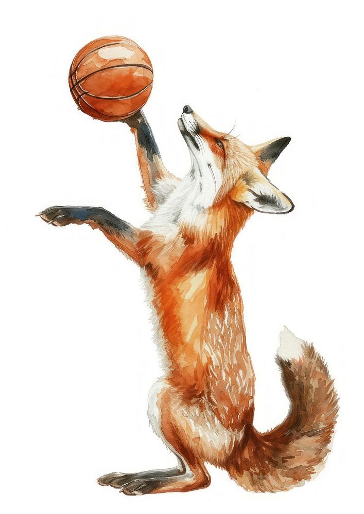 Fox catching basketball watercolor mammal animal sports.