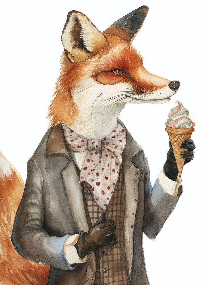 Fox eating ice cream watercolor animal mammal adult.