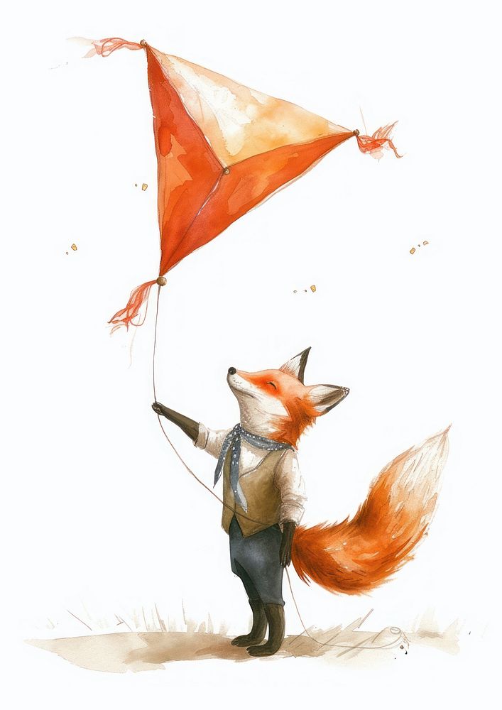 Fox flying kite watercolor animal mammal toy.