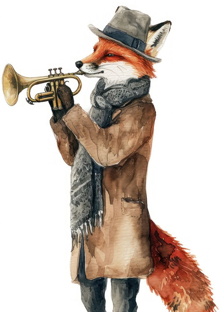 Fox playing trumpet watercolor clothing adult performance.
