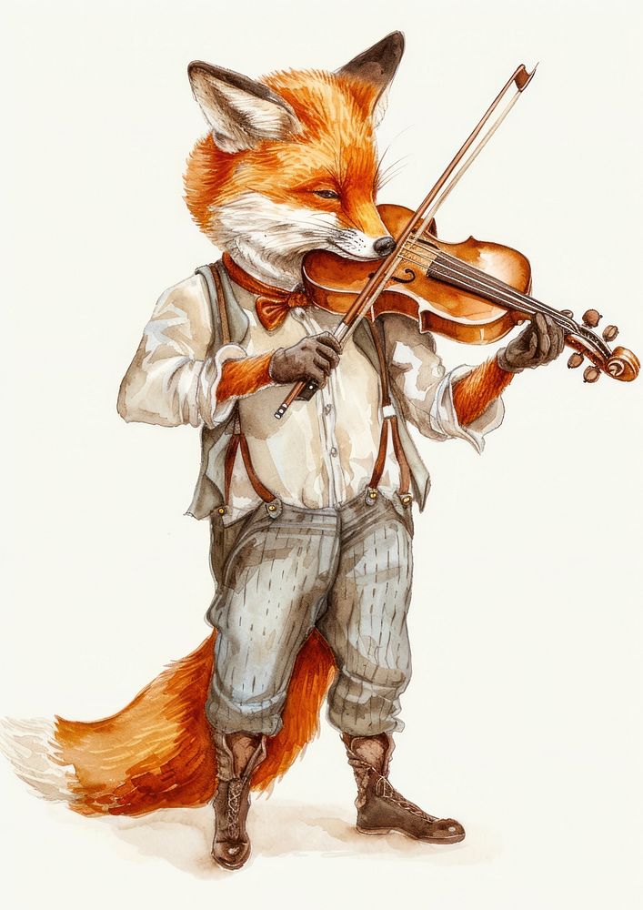 Fox playing violin watercolor animal mammal adult.