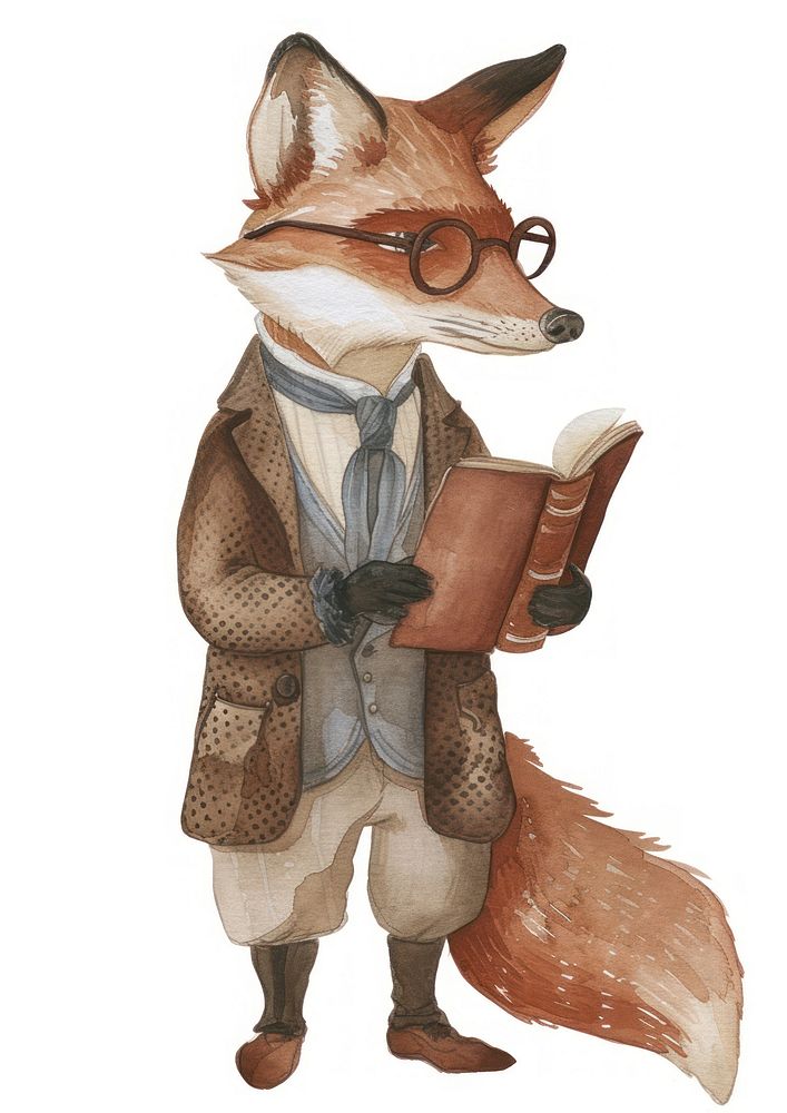 Fox reading book watercolor clothing animal mammal.