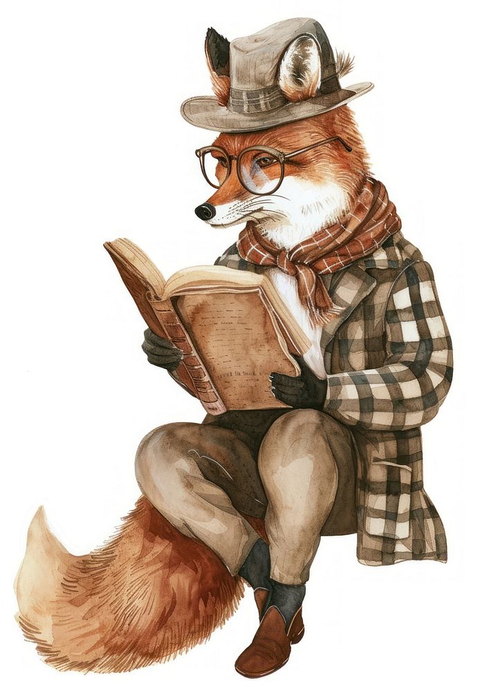 Fox reading book watercolor clothing glasses drawing.