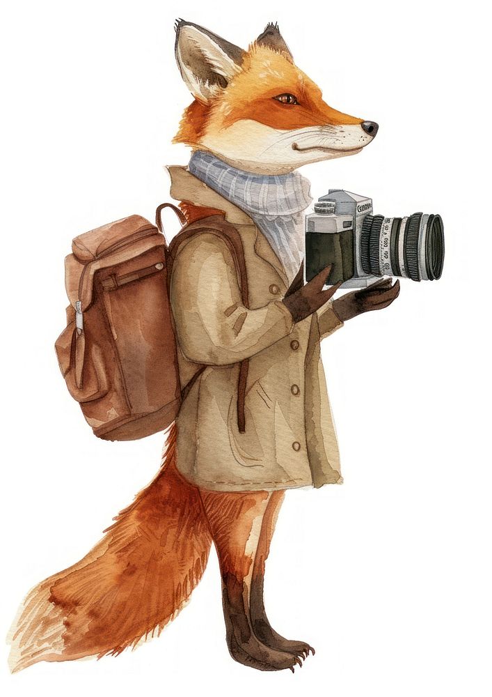 Fox with vintage camera watercolor wildlife clothing animal.