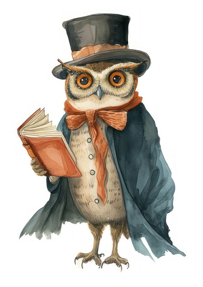 Owl in a top hat watercolor animal paper bird.