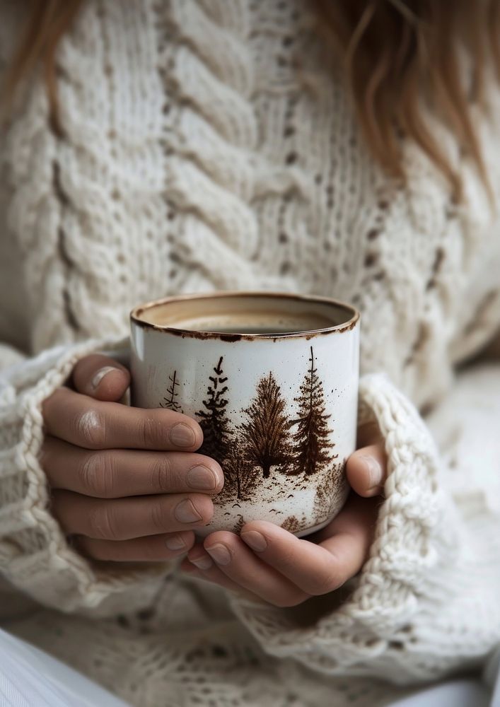 Coffee mug holding tree hand.