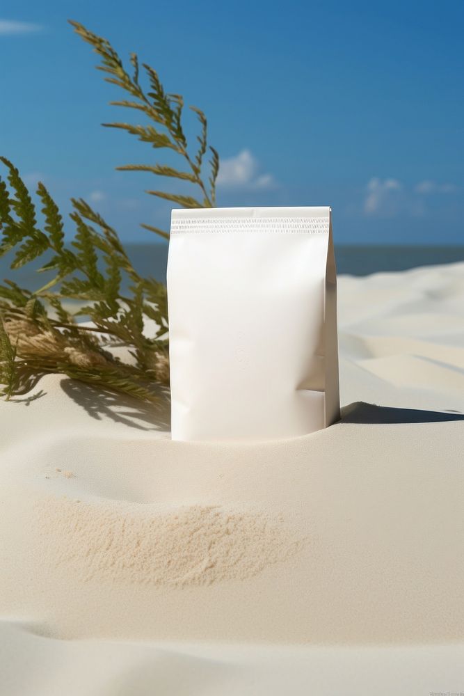 Food packaging  beach sand sea.