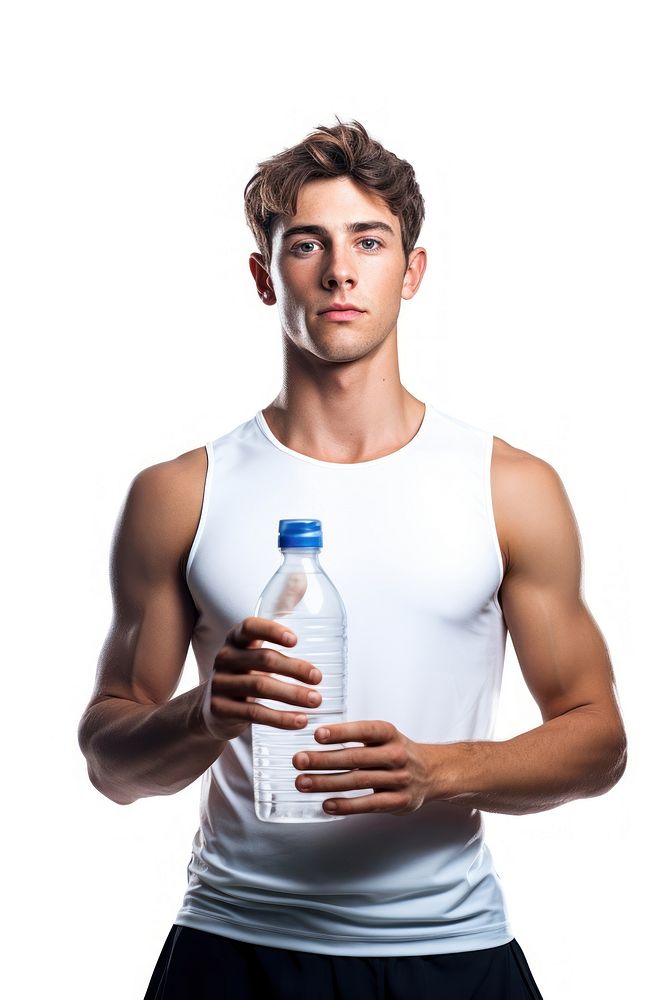 Young man tennis player bottle adult white background.