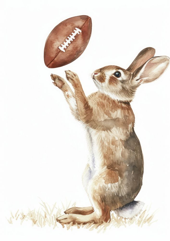 Rabbit catching football watercolor kangaroo mammal animal.