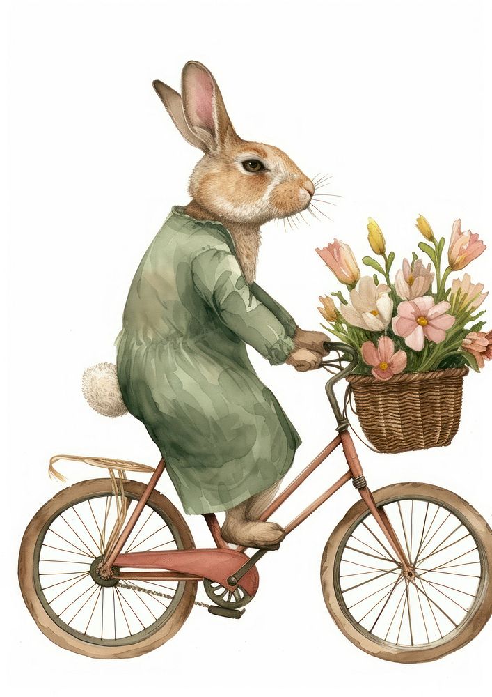 Rabbit cycling watercolor flower bicycle vehicle.