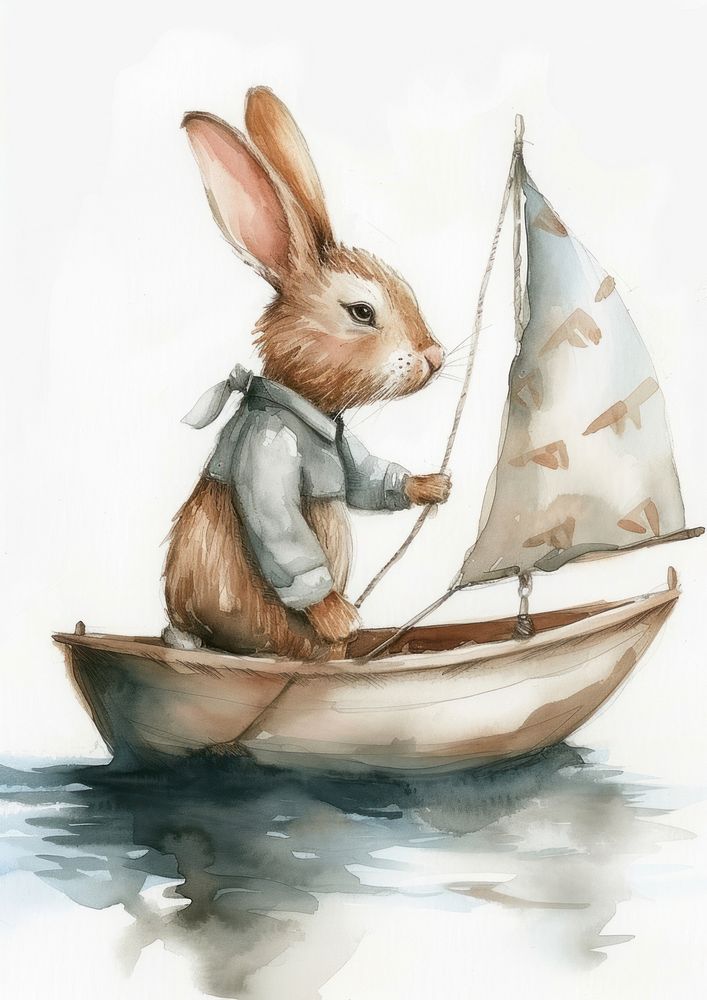 Rabbit on sailing boat watercolor sailboat vehicle drawing.