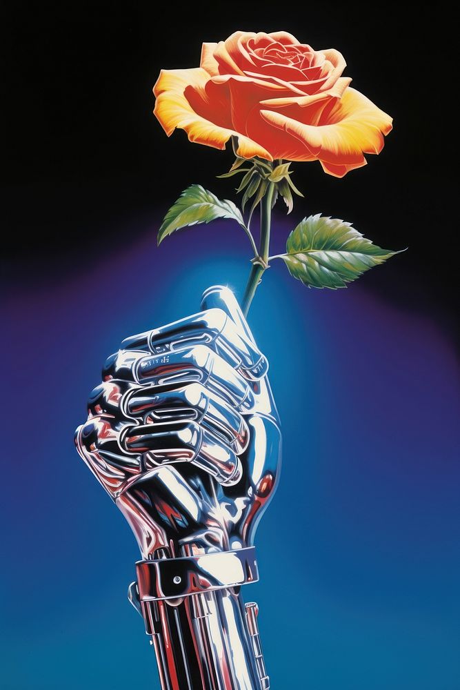 A robotic hand holding flower plant petal rose.