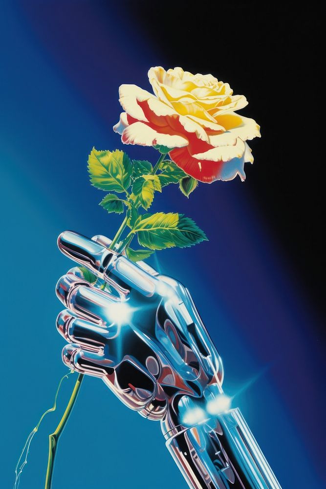 A robotic hand holding flower plant petal rose.
