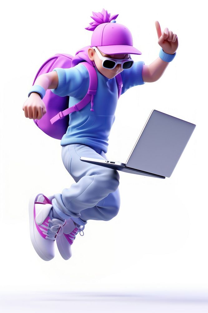 A cute 3d cartoon man with white computer head footwear jumping laptop.
