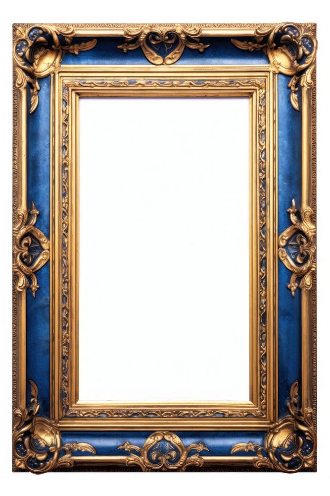 Blue gold Renaissance frame vintage rectangle photo white background.