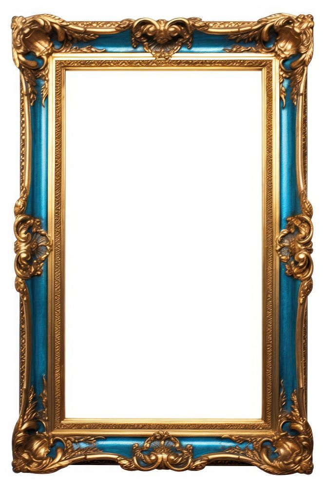 Blue gold Renaissance frame vintage rectangle mirror white background.