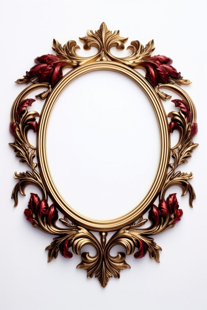 Red gold floral oval design frame vintage jewelry photo white background.