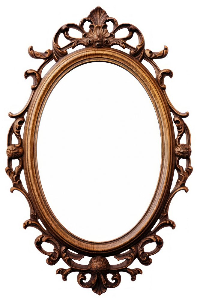 Broken wood oval design Renaissance frame vintage mirror photo white background.
