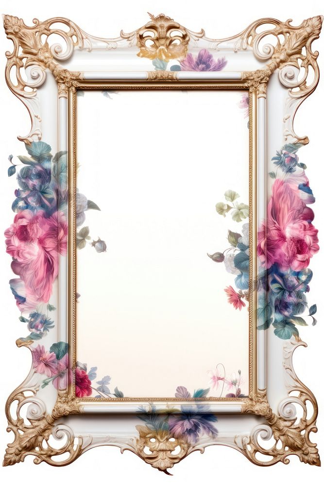 Pale floral Renaissance frame vintage mirror flower white background.