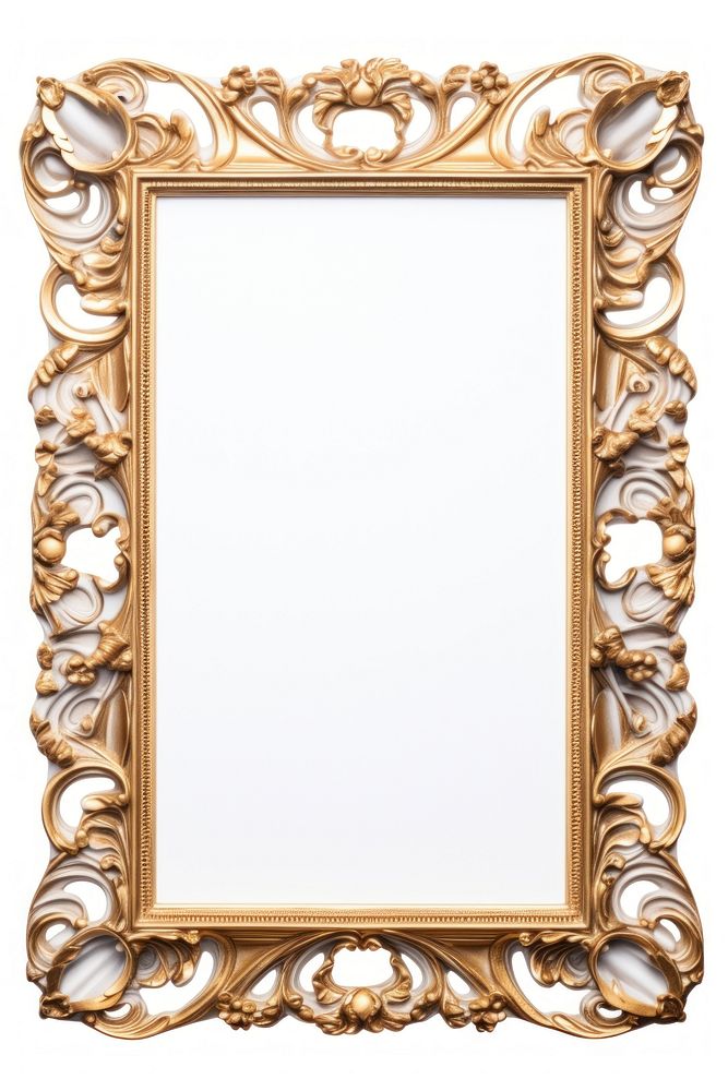 Pale floral Renaissance frame vintage rectangle mirror white background.