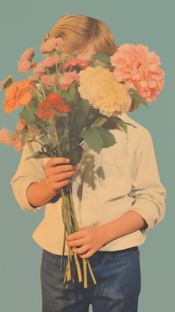 Boy with a bouquet of flowers art portrait plant.