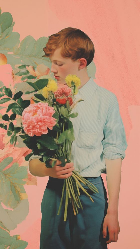 Boy with a bouquet of flowers portrait plant rose.