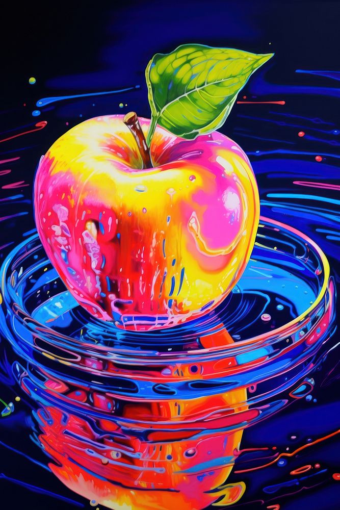 Black light oil painting of apple yellow fruit plant.