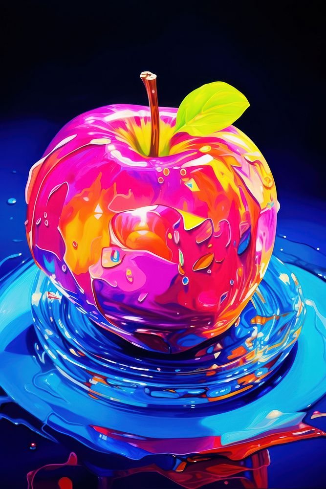Black light oil painting of apple purple yellow fruit.