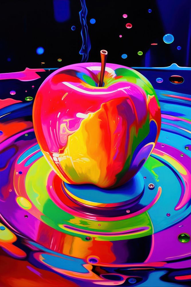 Black light oil painting of apple yellow purple fruit.