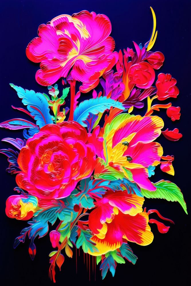 Black light oil painting of floral pattern yellow purple.